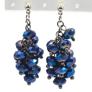 Earrings Iridescent Blue Clustered Beaded Silver Tone Fashion Statement SKU 3102